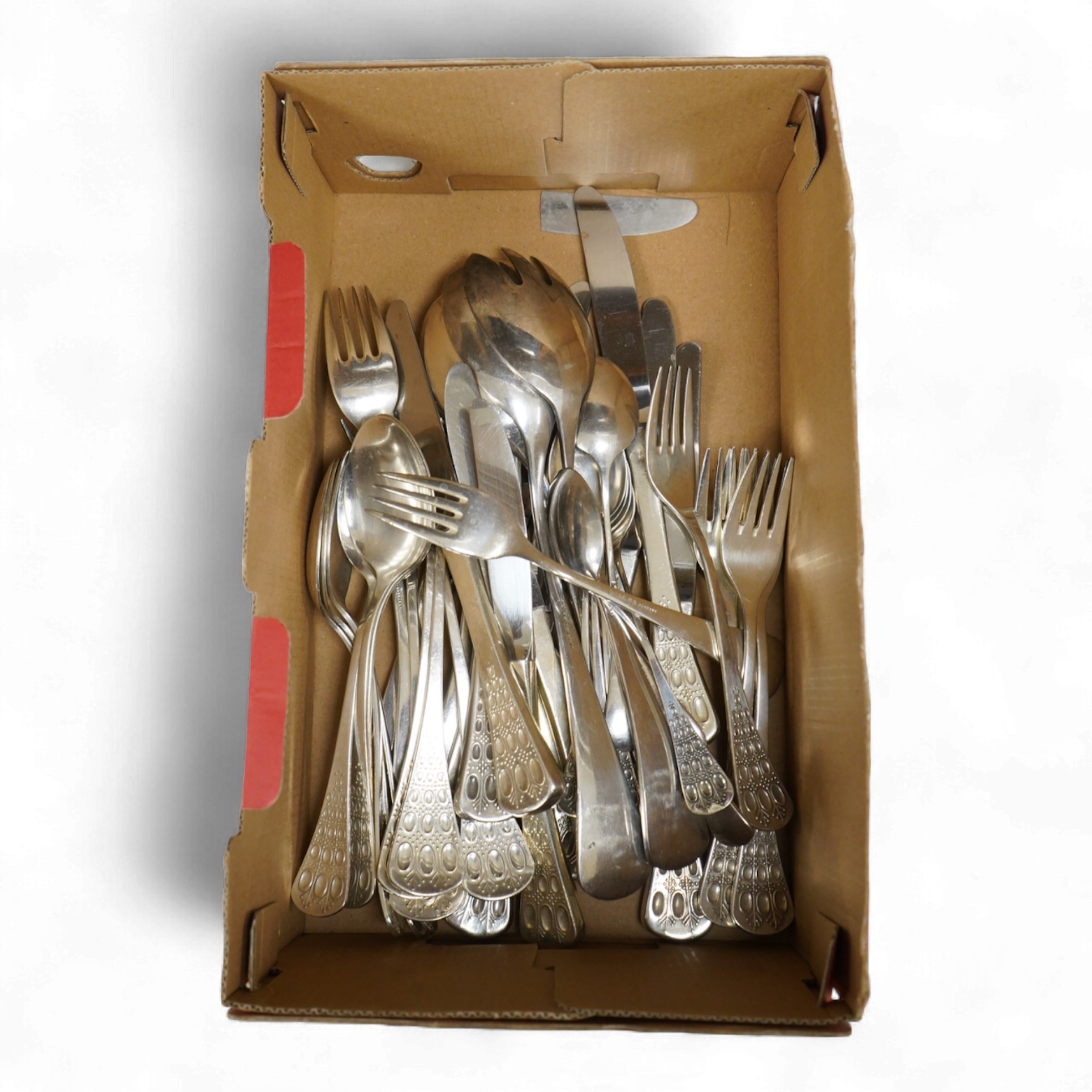 Bjorn Wiinblad for Rosenthal EPNS ‘Romanze’ pattern six setting flatware, a pair of servers and six teaspoons. Two small knives missing and one blade broken.